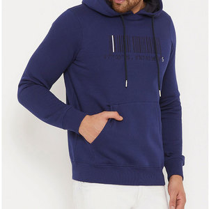 Sudadera con capucha azul marino para hombre, corte regular, tejido de algodón, informal, con bolsillo frontal y estampado de código de barras - Product Image 3