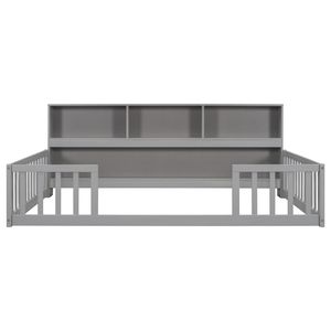 Grey Full Floor <b>Bed</b> with <b>Side</b> Bookcase Shelves & Guardrails - Product Image 2