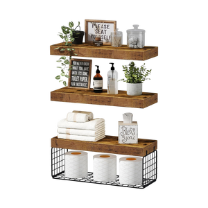 Estantes flotantes de madera rústica de alta calidad para montar en la pared con juego de cestas de metal negro para almacenamiento en cocina y baño, de Vietnam. - Product Image 1