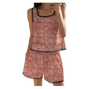 Ensemble de pyjama indien 100 % coton imprimé au bloc, avec short et bordure en dentelle, pour demoiselle d'honneur, printemps/été, sans manches, imprimé au bloc - Product Image 2