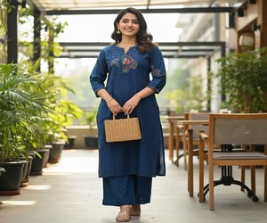 Ensemble Kurta en Coton Brodé pour Femme, Bleu, Longueur Genou, Coupe Classique, Style Traditionnel Indien et Pakistanais, Tenue Décontractée d'Été, Séchage Rapide - Product Image 1