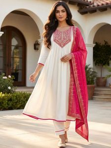 <b>White</b> Embroidered Silk Kurta <b>Palazzo</b> Set Pink Dupatta Traditional Indian Pakistani Women Casual Wear Ankle Length Regular Fit - Product Image 1