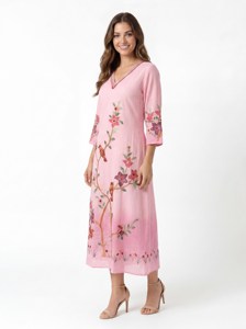 Kurta con estampado de pájaros florales rosas, cuello en V, ropa india para mujer - Product Image 2