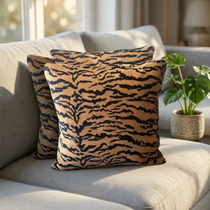 Tiger Stripe Velvet Cushion Covers with <b>Black</b> and Tan Animal Print Decorative Throw <b>Pillows</b> for Sofa Bedroom Home Decor - Product Image 3