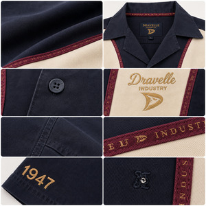 Camisa de bolos Y2K personalizada para hombre, corte holgado, con botones, color azul marino y crema, estilo retro, con cuello camp y bordado. - Product Image 6