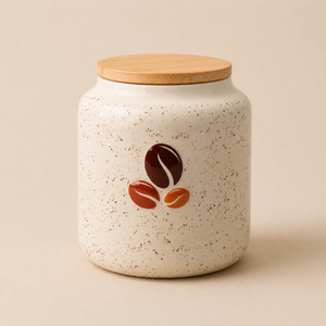 Modern Coffee Bean Motif Storage Canister Speckled Finish Airtight <b>Bamboo</b> Lid Stylish Kitchen Countertop Organizer - Product Image 1