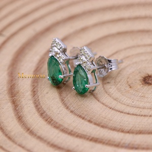 Wholesale 14k White Gold Natural Pear <b>Emerald</b> Geometric Diamond Cluster <b>Stud</b> Earrings Memoria Jewels - Product Image 6