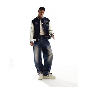<b>Men's</b> Navy <b>White</b> Genuine Leather Varsity <b>Jacket</b> Embroidered Letter Logo Turn-down Collar Regular Fit Preppy Style Winter Wear - Product Image 3