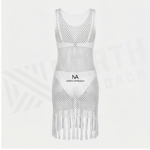 <b>White</b> Knitted Halter 2-Piece Swimwear <b>Set</b> with Skirt Bottom Tassel Hem Hollow Out Design Anti-UV Protection for Women - Product Image 2