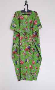 Vestido Kaftán de Algodón Hecho a Mano con Estampado de Aves, Ligero, Maxi, para Verano - Product Image 6