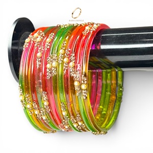Kashmiri Multicolour Shade Gold Plated Trendy Raindrop Glass Bangles for Women Pearl for Wedding & Festive Wear at Wholesale - Product Image 2