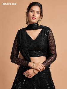 Conjunto de Lehenga-Choli negro estilo A-Line con bordado de hilo y lentejuelas múltiples, de tela de red suave, para fiestas, proveedor de la India. - Product Image 3