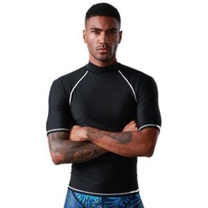 Men's Black Short Sleeve Rash Guard Compression Shirt Quick Dry Spandex Polyester Top for <b>Surfing</b> and Water Sports - Product Image 4