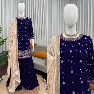 Ensemble Sharara en velours pour femmes, costume Salwar Kameez brodé avec dupatta pour mariage, fête, Diwali - Product Image 5