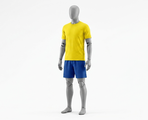 Ensemble de vêtements de sport d'été pour homme, t-shirt en polyester à manches courtes, col rond, couleur unie, jaune, coupe régulière, respirant, short bleu - Product Image 1