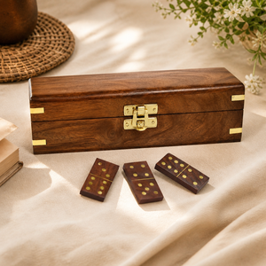 Handmade Indian Rosewood Dominoes Box with 28 Dominoes | Brass Inlay Wooden Storage Case | Luxury Game Gift Set Organizer - Product Image 5