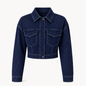 Women’s <b>Cropped</b> <b>Jacket</b> with Long Sleeves, Classic Collar, Snap Button Closure, Dual Chest Flap Pockets Washed <b>denim</b> fabric - Product Image 6