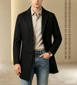Manteau long pour homme en laine/polyester, col à revers, simple boutonnage, coupe classique, noir, anti-plis - Product Image 1
