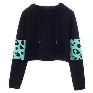 เสื้อฮู้ดครอปแขนยาวสีดำลายกราฟิกสำหรับผู้หญิง สไตล์ลำลอง มีเชือกผูก - Product Image 1