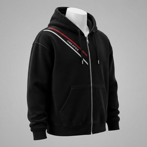 Custom Black <b>Full</b> <b>Zip</b> Hoodie Diagonal Stripe Detail Oversized Streetwear Hooded <b>Sweatshirt</b> - Product Image 1