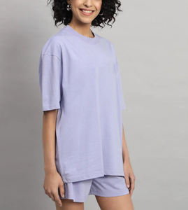 Ensemble d'été pour femme en jersey 100 % coton, t-shirt oversize à épaules tombantes et manches mi-longues à col rond et short à poches surpiqûres, vente en gros - Product Image 6