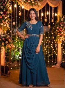 Multi Style Flaired Gowns Dupatta <b>Belt</b> Heavy Georgette Embroidery Hand <b>Work</b> Modern Design for Wedding/Party Occasions - Product Image 4