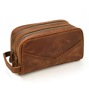 Vintage Leather <b>Toiletry</b> <b>Bag</b> Medium Size Zipper Closure Soft Handle Durable Cosmetic Case - Product Image 4