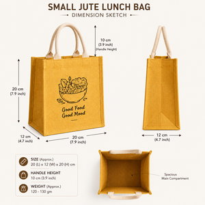 Sac à déjeuner en jute écologique, imprimé « Good Food Good Mood », jaune, durable, réutilisable, sac cadeau pour pique-nique, bureau, voyage - Product Image 2