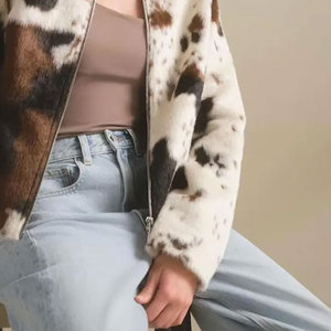 Women Stylish <b>Cow</b> <b>Print</b> Leather Look Custom Logo Knitted Breathable Chains Jacket Fashion Casual Outerwear - Product Image 4