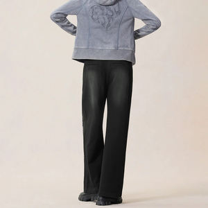 Pantalones de Mujer de Primera Calidad con Estampado de Diamantes de Imitación, Corte Bootcut, Efecto Desgastado por el Sol, Cintura Elástica, Lavado Ácido - Product Image 4