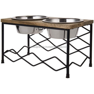Natural para MANGO madera negro Metal celosía estilo elevado doble alimentador de mascotas soporte 2 cuencos de acero inoxidable muestra gratis perros gatos - Product Image 2