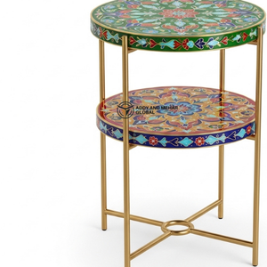 Handcrafted Round Bone Inlay Side Table with Metal Frame – Multicolor Two-Tier Accent Table <b>for</b> Living Room & Ottomans - Product Image 5
