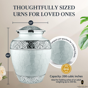 โกศบรรจุอัฐิโลหะสีขาวสำหรับผู้ใหญ่ |   โกศที่ระลึกสลักลายใบไม้สีเงิน เป็นมิตรกับสิ่งแวดล้อม |   ความจุ 220 คิวบิกอินช์ - Product Image 4