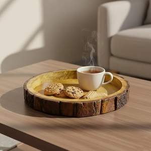 Rustic Mango <b>Wood</b> Serving Tray <b>Solid</b> Wooden <b>Round</b> Platter for Kitchen <b>Dining</b> Use - Product Image 3