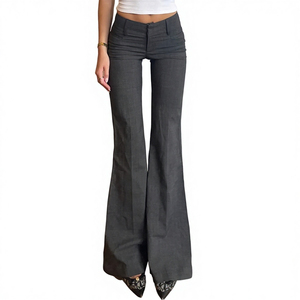 Pantalones de Moda para Mujer, Diseño de Cintura Alta con Cordón Ajustable, Estilo Hip Hop, Pierna Ancha, Casuales, de Algodón, Largos, Acampanados - Product Image 2