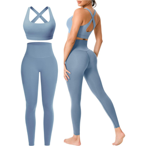 <b>Black</b> 2-Piece Yoga <b>Set</b> High-Waist Leggings Crisscross Sports Bra Seamless Full-Length Solid Breathable Quick-Dry Eco-Friendly - Product Image 2