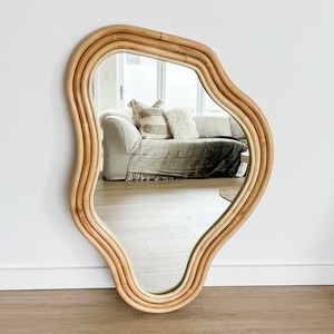 Wavy shaped mirror best choice home <b>accessory</b> hand-made rattan trim mirrors for wall <b>decoration</b> - Product Image 3