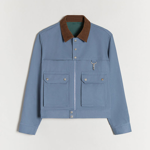 Men's Blue 100% Cotton Breathable Canvas Shirt Jacket Hooded <b>Covered</b> <b>Button</b> Closure Streetwear Regular Fit Winter Wear - Product Image 1