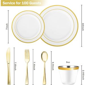 Set di 600 Pezzi di Stoviglie Monouso in Plastica Dorata Include 100 Piatti, Bicchieri, Cucchiai e Forchette per Feste - Product Image 2