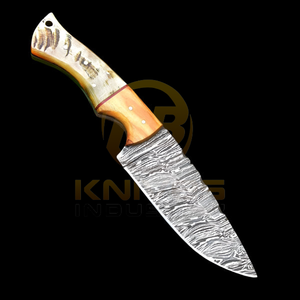 Cuchillo de desollar de acero de Damasco hecho a mano DIY OEM con mango de cuerno de carnero, hoja fija personalizada para caza y camping, funda de cuero, garantía de 3 años - Product Image 3