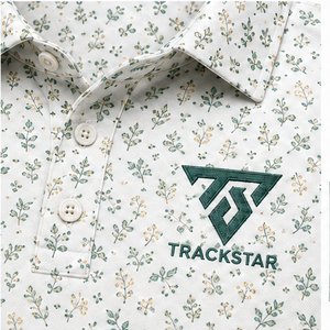 เสื้อโปโลพิมพ์ลายดอกไม้สีขาวเขียวทองสำหรับผู้ชาย แบรนด์ Trackstar แขนสั้น คอปกติดกระดุม สไตล์ลำลอง เหมาะสำหรับตีกอล์ฟ รับสกรีนโลโก้ - Product Image 4