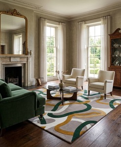 Tapis carré moderne abstrait en laine tuftée écologique avec envers antidérapant en caoutchouc pour salon, à poils moyens - Product Image 6