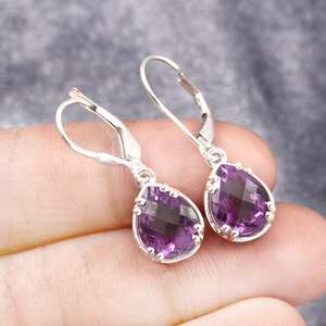 Boucles d'oreilles pendantes en argent sterling faites à la main, améthyste goutte d'eau, pierre de naissance de février, pierre précieuse violette, bijoux élégants - Product Image 3