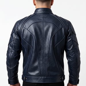 Chaqueta de Cuero Sintético Azul Marino para Hombre, Cuello Alto, Cierre de Cremallera Frontal, Bolsillos en el Pecho, Manga Larga, Ropa Exterior de Moda, Personalizable OEM ODM - Product Image 2