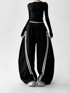 Black Contrast Side Stripe Double Bar Straight Leg Flat Front <b>Summer</b> Women's Fashion Casual Trendy Street Long <b>Pants</b> - Product Image 6