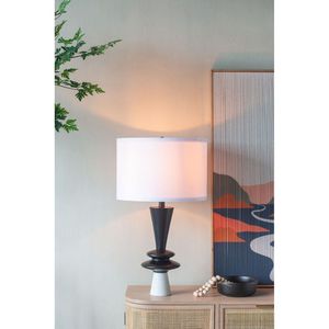 Lampada da Tavolo in Alluminio Nero D15x26.7 con Paralume Bianco, Montaggio Richiesto, Due Dischi Decorativi Diversi - Product Image 1