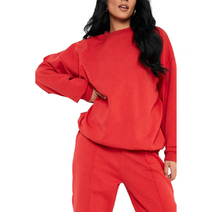 Conjunto Deportivo Rojo para Mujer, Color Sólido, Manga Larga, Casual, Cuello Redondo, Corte Holgado, 100% Algodón, Estampado de Letras - Product Image 3