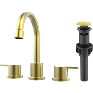 Rubinetto per lavabo bagno a 2 maniglie, 8 pollici, 3 fori, con beccuccio girevole a 360 gradi, finitura oro spazzolato, a montaggio ampio, con scarico a scomparsa - Product Image 1