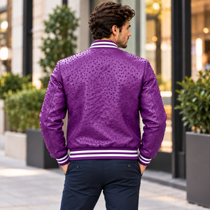 <b>Men</b>’s <b>Purple</b> Ostrich Leather Bomber Jacket Luxury Textured Zip Up Fashion Outerwear - Product Image 4