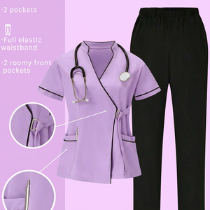 Ensemble de blouses médicales professionnelles unisexes style USA, 95 % polyester tissé, design enveloppant, manches courtes, uniforme d'infirmière contrastant pour hôpital - Product Image 3